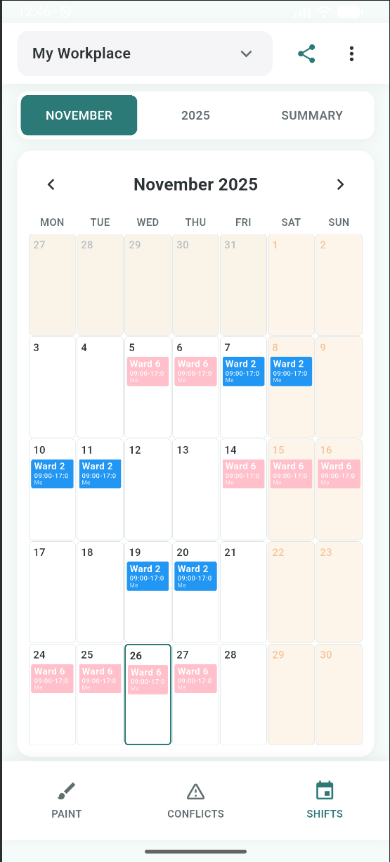 VelloShift App - Calendar View with Color-Coded Shifts